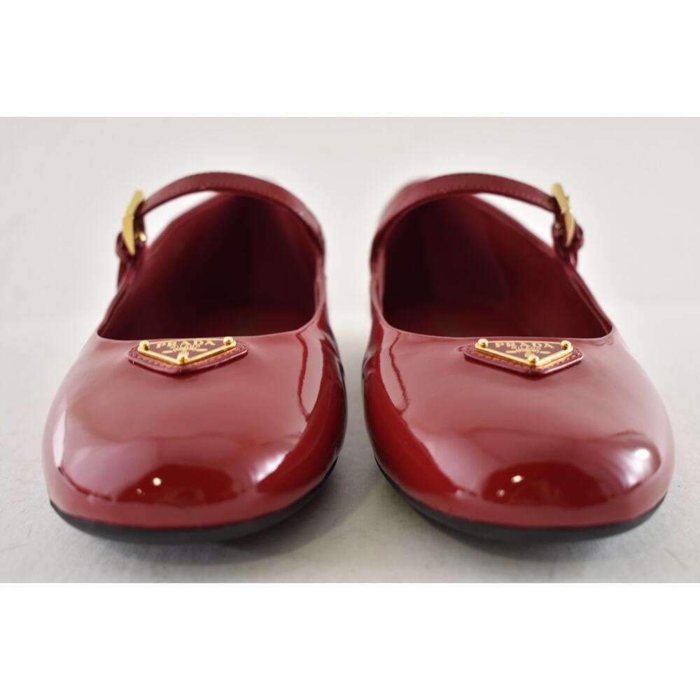 Prada Cherry Red Patent Gold Triangle Logo Mary Jane Ballerina Ballet Flat 38.5 - Picture 11 of 16